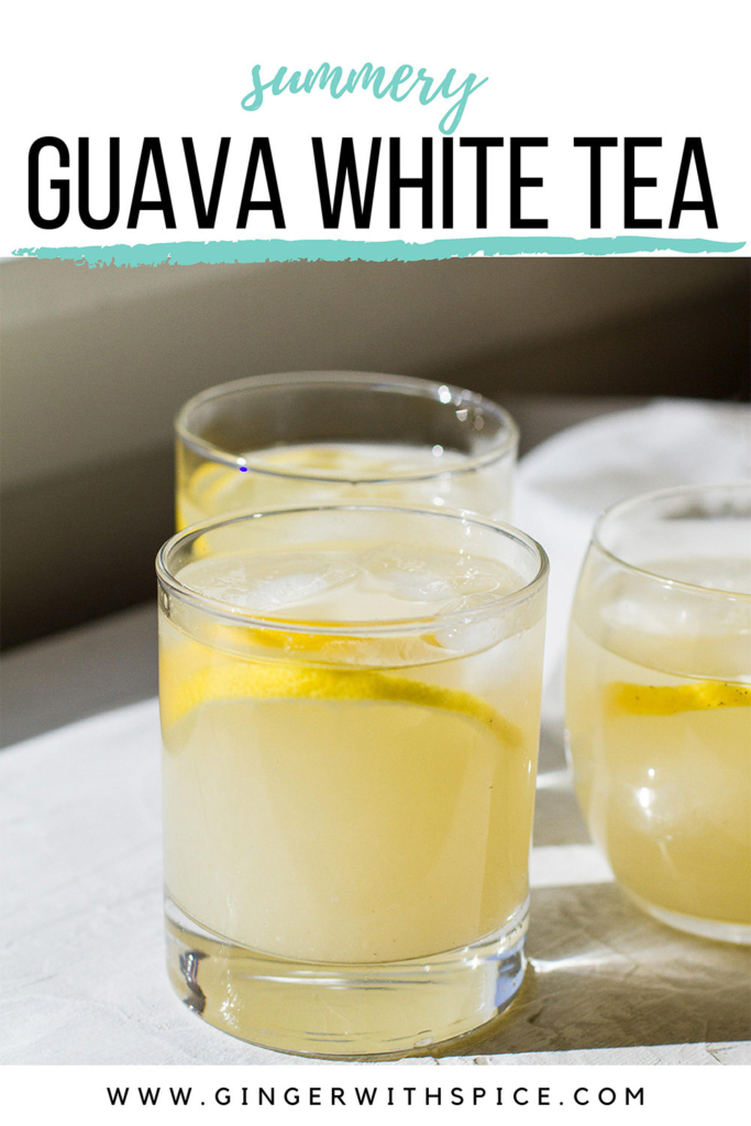 Three glasses with white iced tea and lemon slices. Pinterest pin.