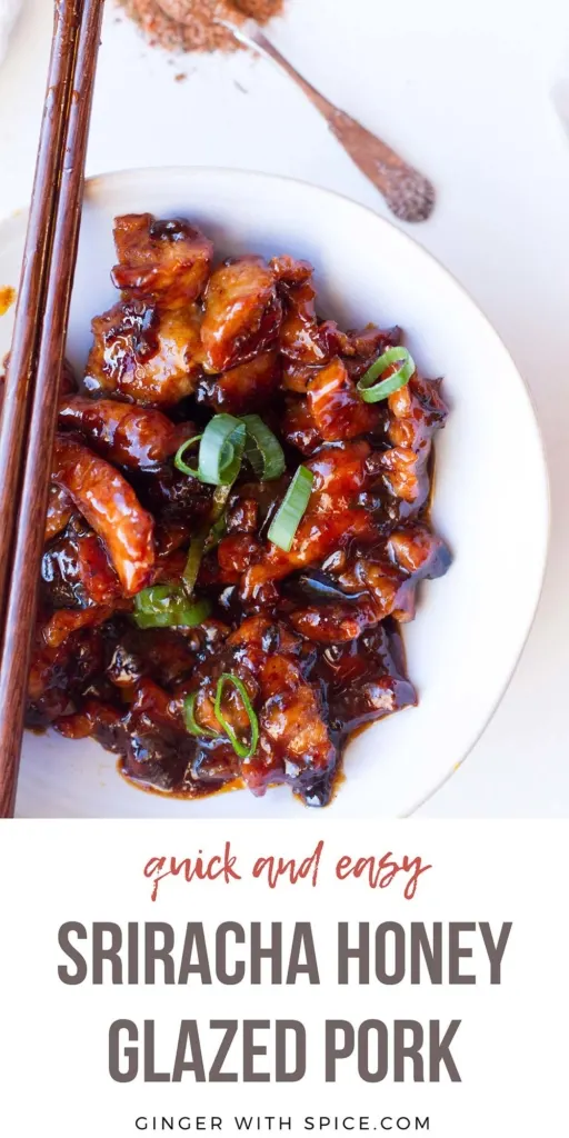 Honey glazed pork strips in a white bowl with chopsticks. Seen from above. Pinterest pin with text at the bottom.