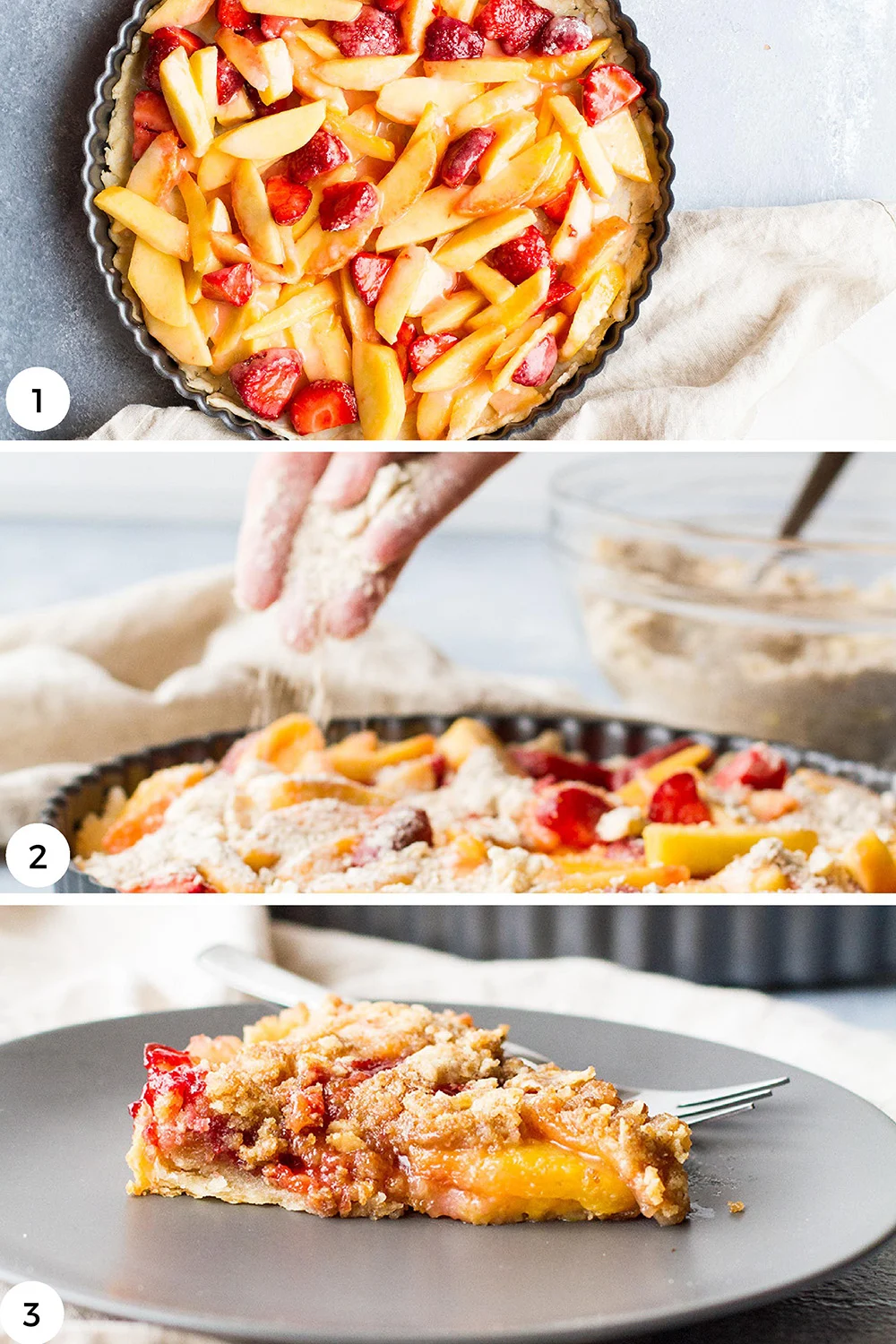Steps to make peach pie with crumble top.