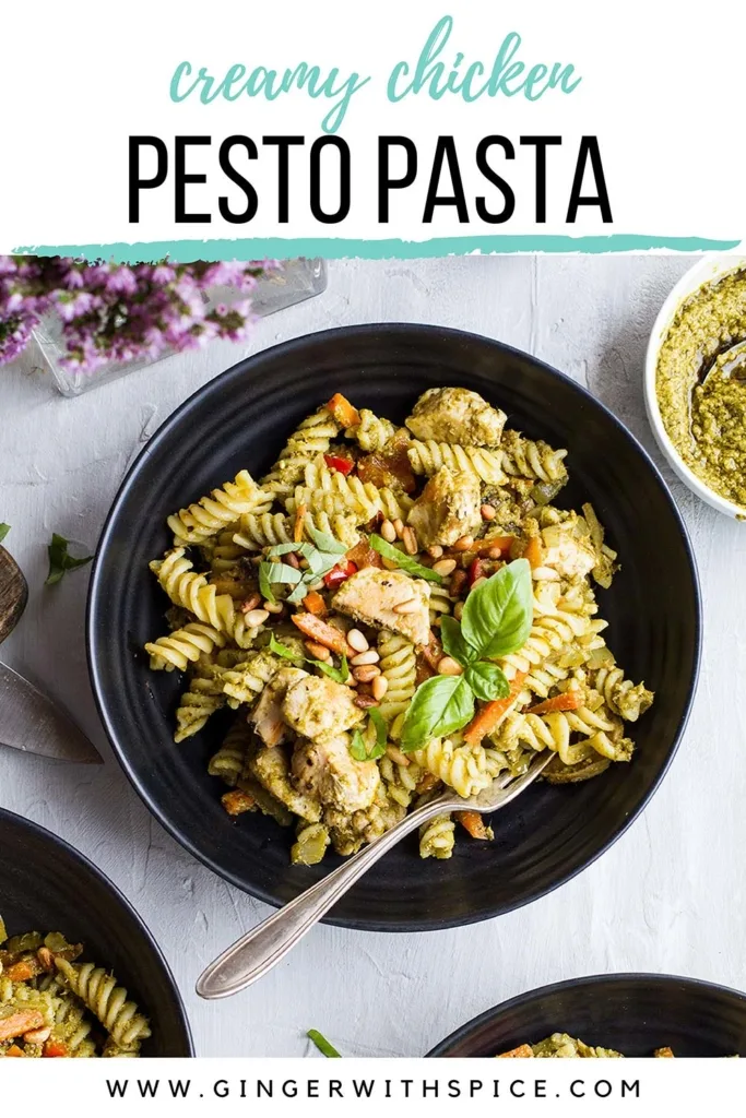 Pinterest pin with text overlay at the top and one picture of a bowl of chicken pesto pasta.