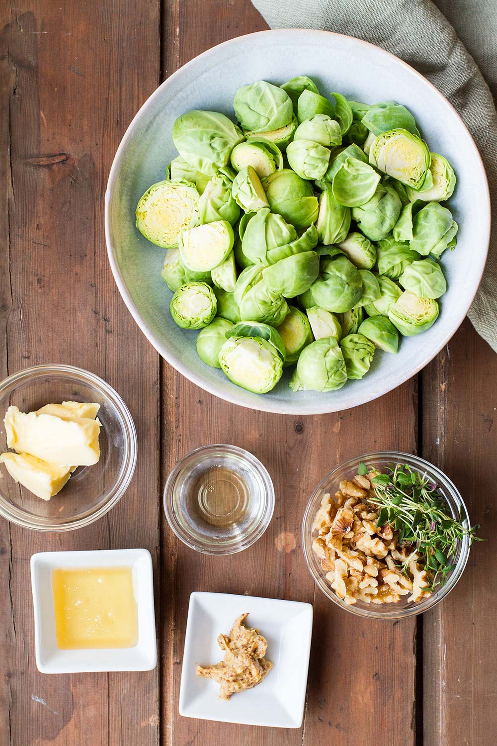 Ingredients to make butter crispy brussels sprouts.