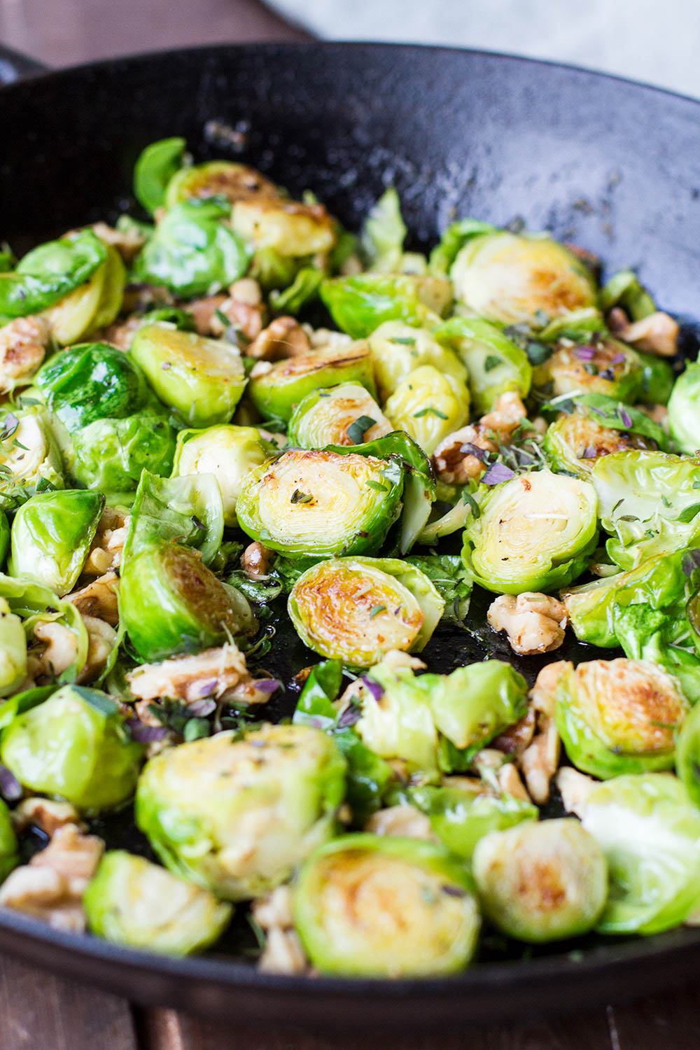 Close-up of brussels sprouts in a pan.