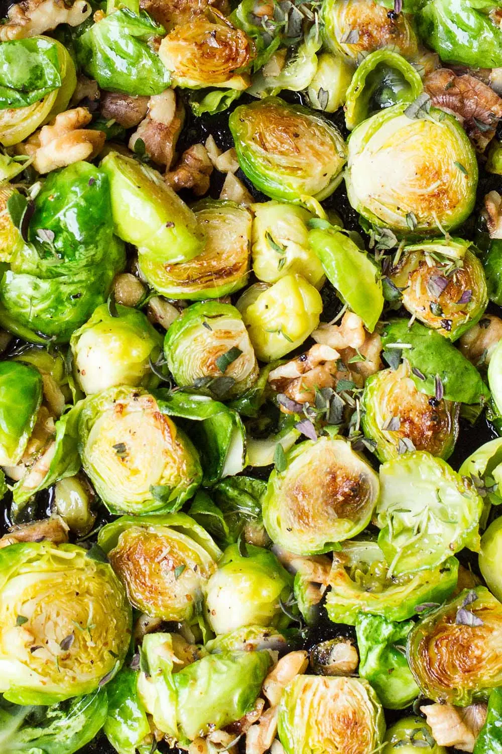 Close-up of the charred brussels sprouts.