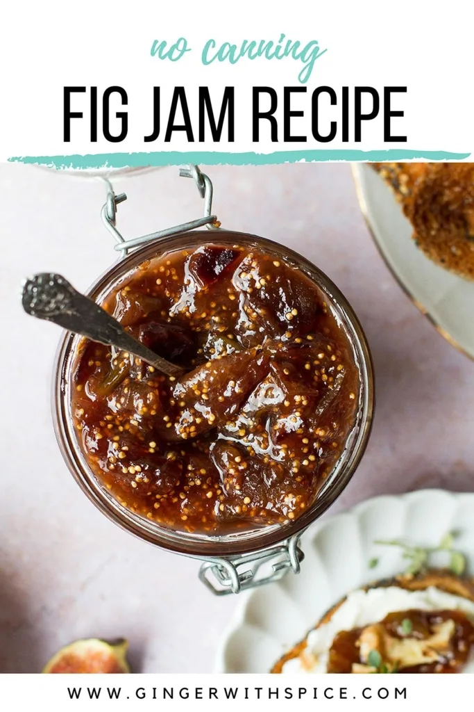 Close-up of fig jam and text overlay at the top. Pinterest pin.