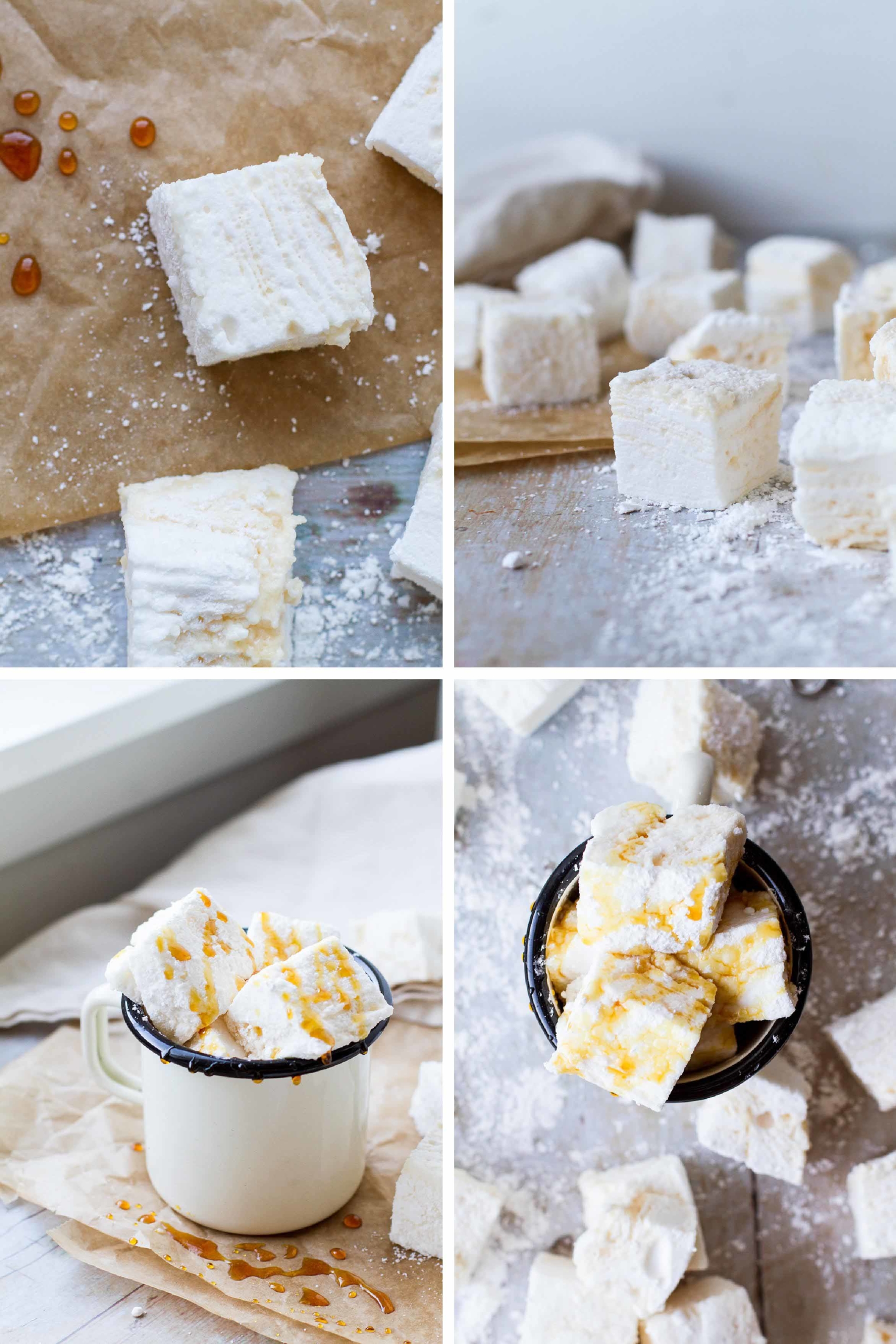 Four images on how the marshmallows with mixed salted caramel sauce looks.
