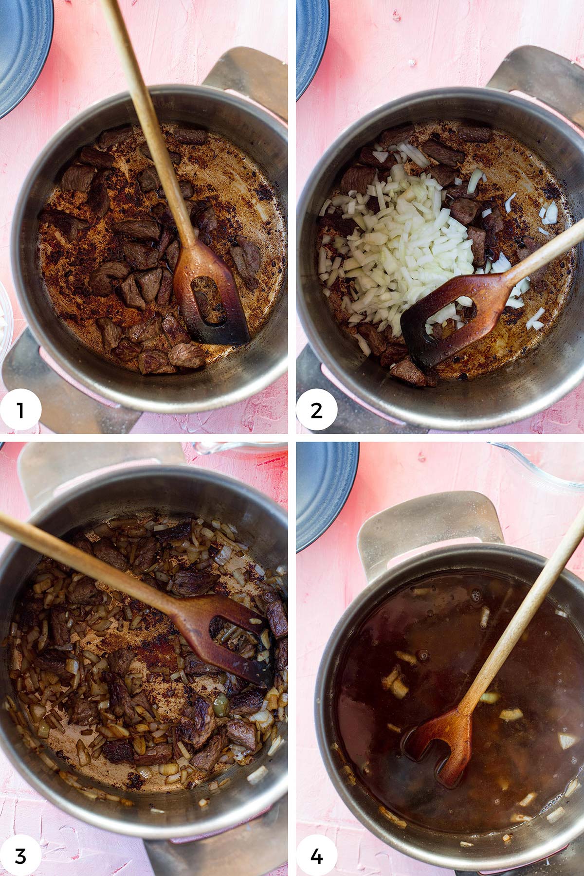 Steps to cook the beef and onion.