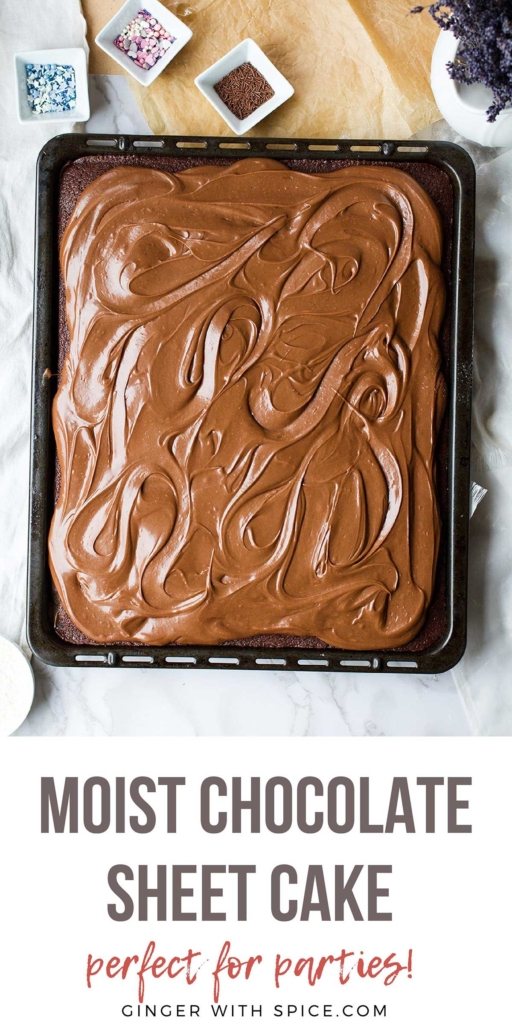 Chocolate sheet cake with text overlay at the bottom. Long Pinterest pin.