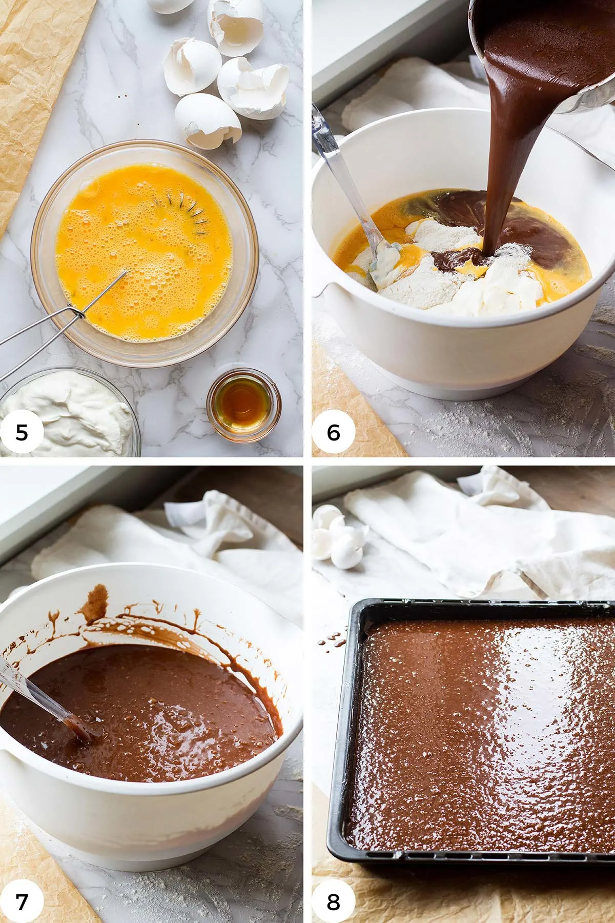 Steps to make chocolate cake batter.