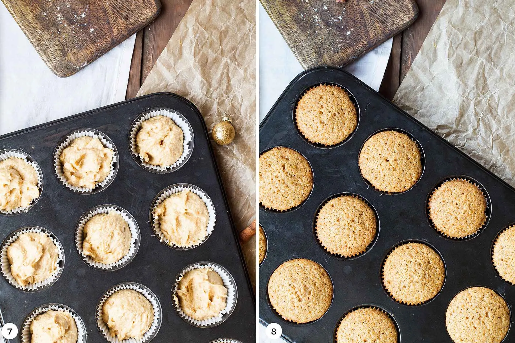A diptych with a muffin tin pre and post bake.