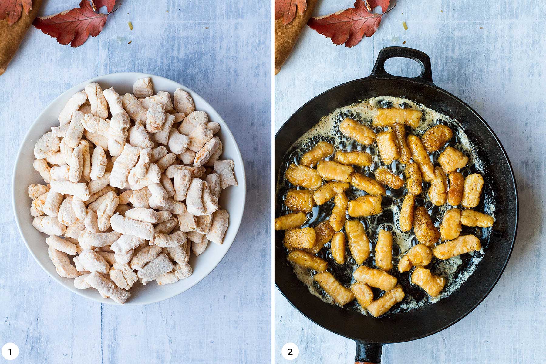 Two images; one of frozen gnocchi and one of cooked gnocchi in a skillet.