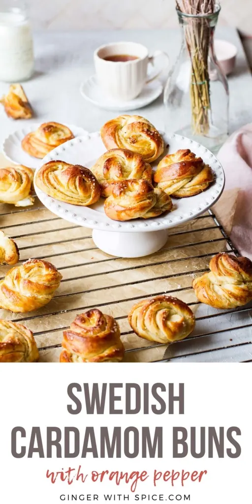 Cake stand with cardamom buns. Pinterest pin.
