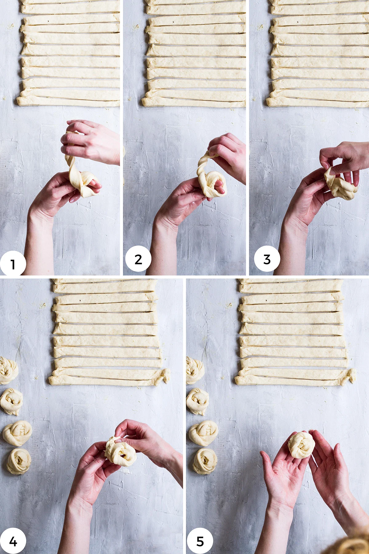 Steps to shape a cardamom knot.