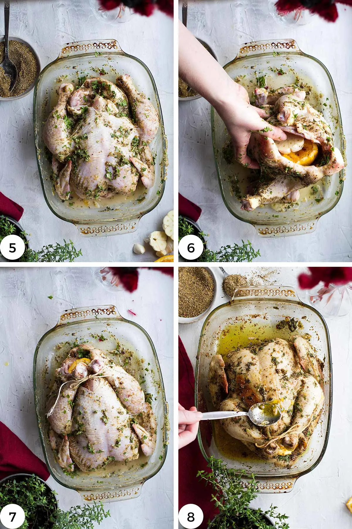 Steps to fill and rub the chicken.