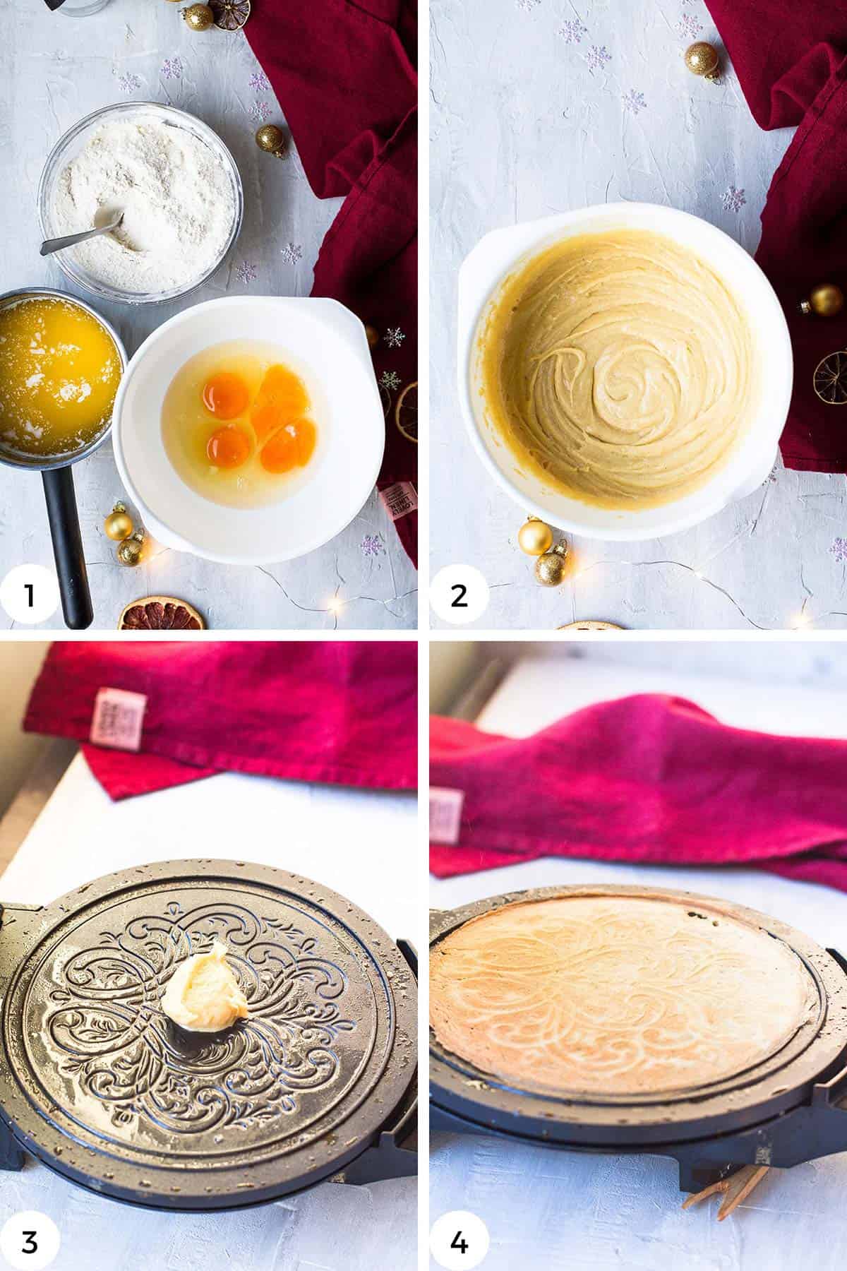 Steps to make the batter and cook on the krumkake iron.