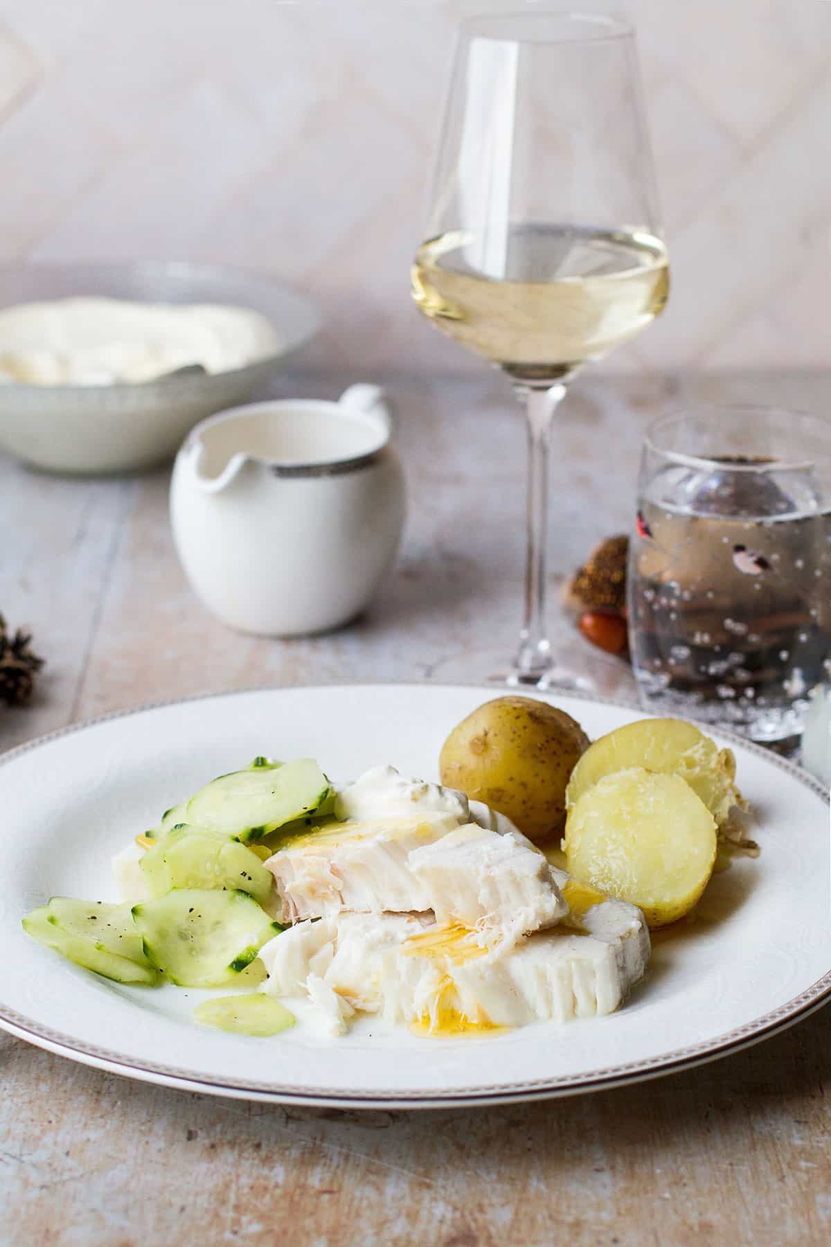 Poached halibut, cucumber salad and whipped sour cream.