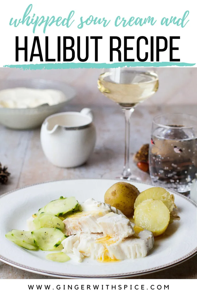 Halibut, cucumber and potatoes on a white plate. Pinterest pin.