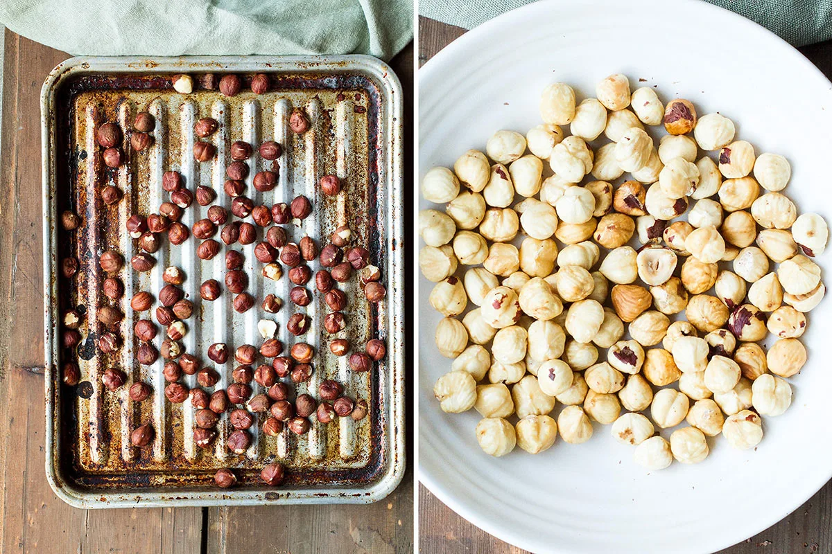 A diptych with roasted hazelnuts and then skinned hazelnuts.