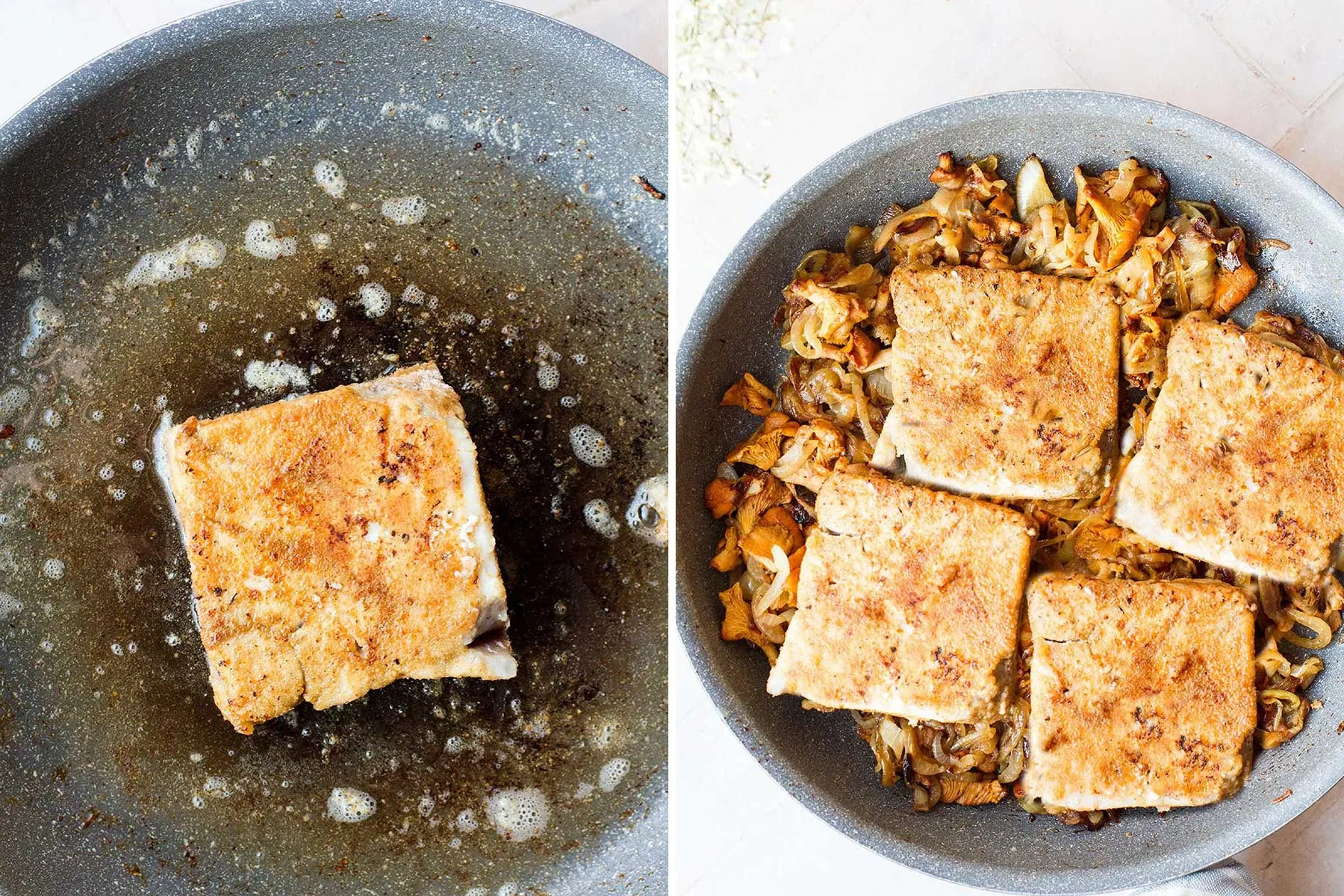 Two steps for frying the pollock.