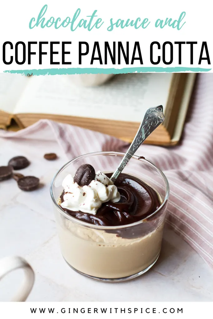 Small glass with coffee panna cotta, chocolate sauce and whipped cream. Pinterest pin.