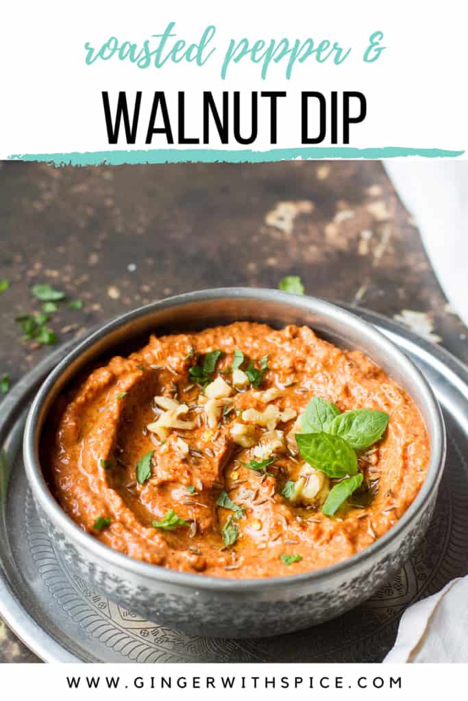 Pinterest pin with text overlay at the top, with one image of the muhammara dip.