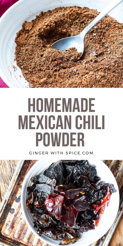 Two images from the post and text overlay in the middle. Pinterest pin for the Mexican chili powder.