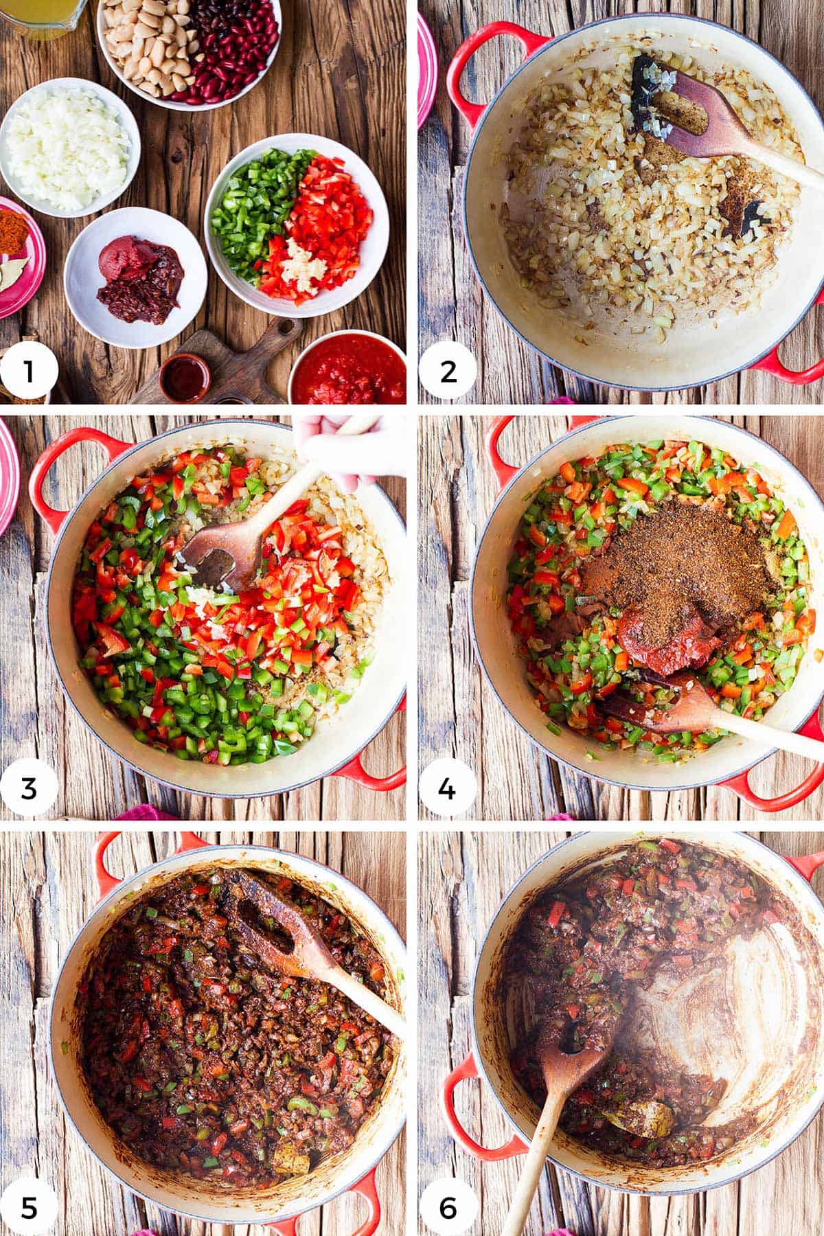 First six steps of making chili sin carne.