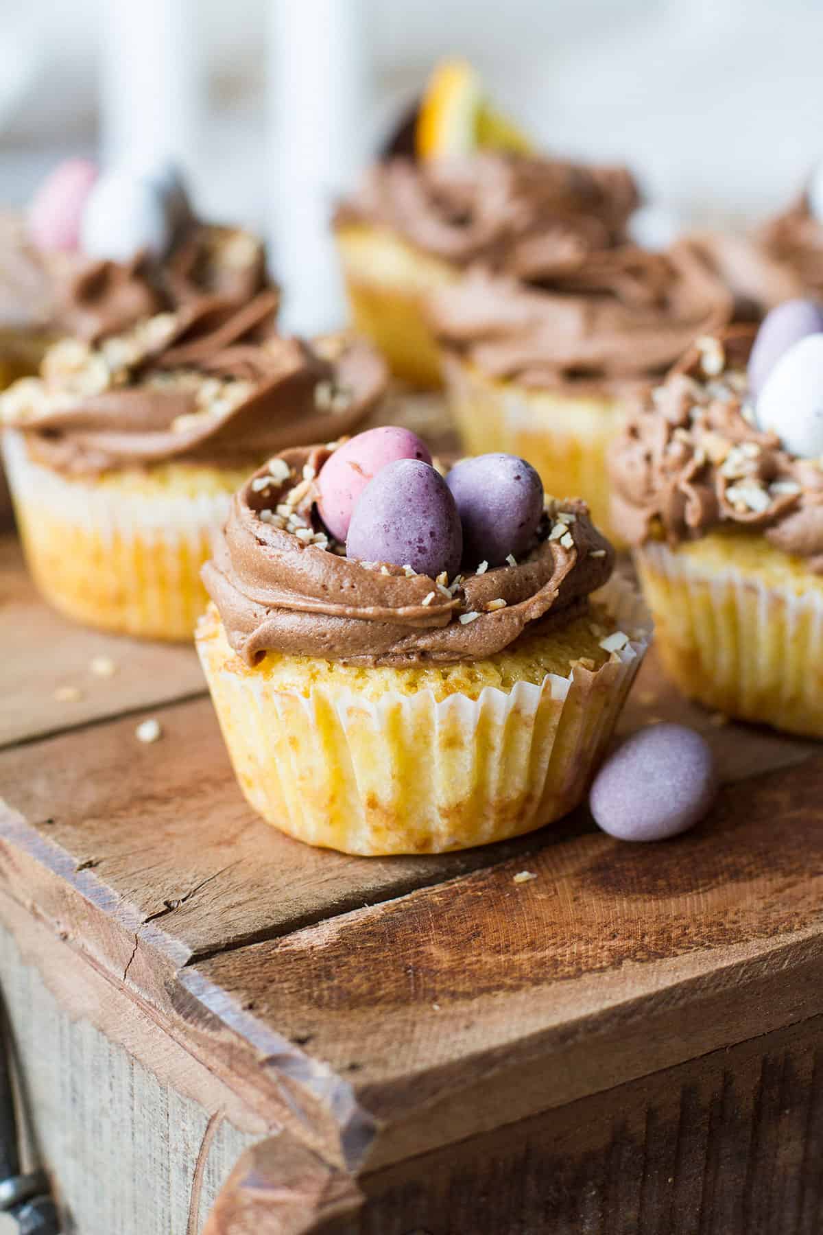 Easter egg nest cupcakes with mini chocolate eggs.