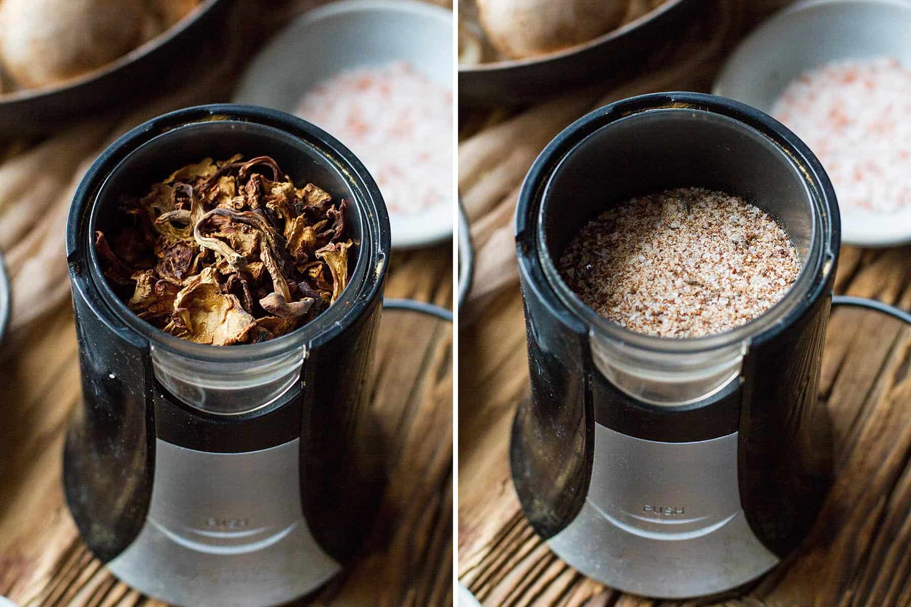 2 images of a spice grinder, one with dried mushroom and one with mushroom powder.