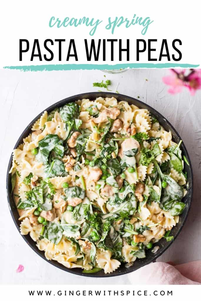 Pinterest pin with image of pasta with peas in a skillet.