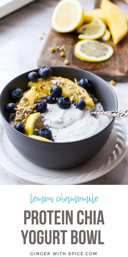 Bowl with chia pudding, mango and blueberries. Text underneath, Pinterest pin.