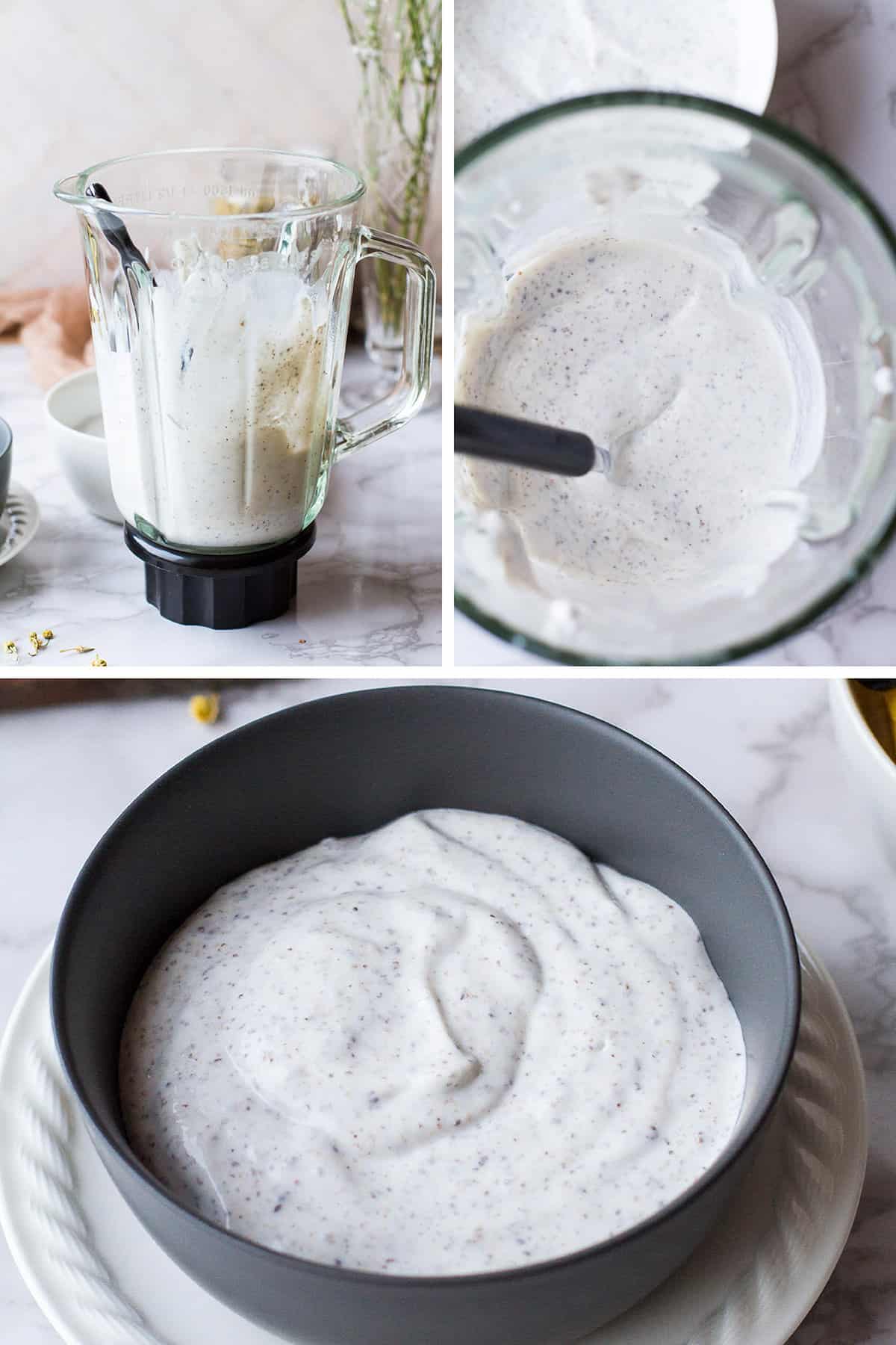 Steps to make protein chia yogurt in a blender.