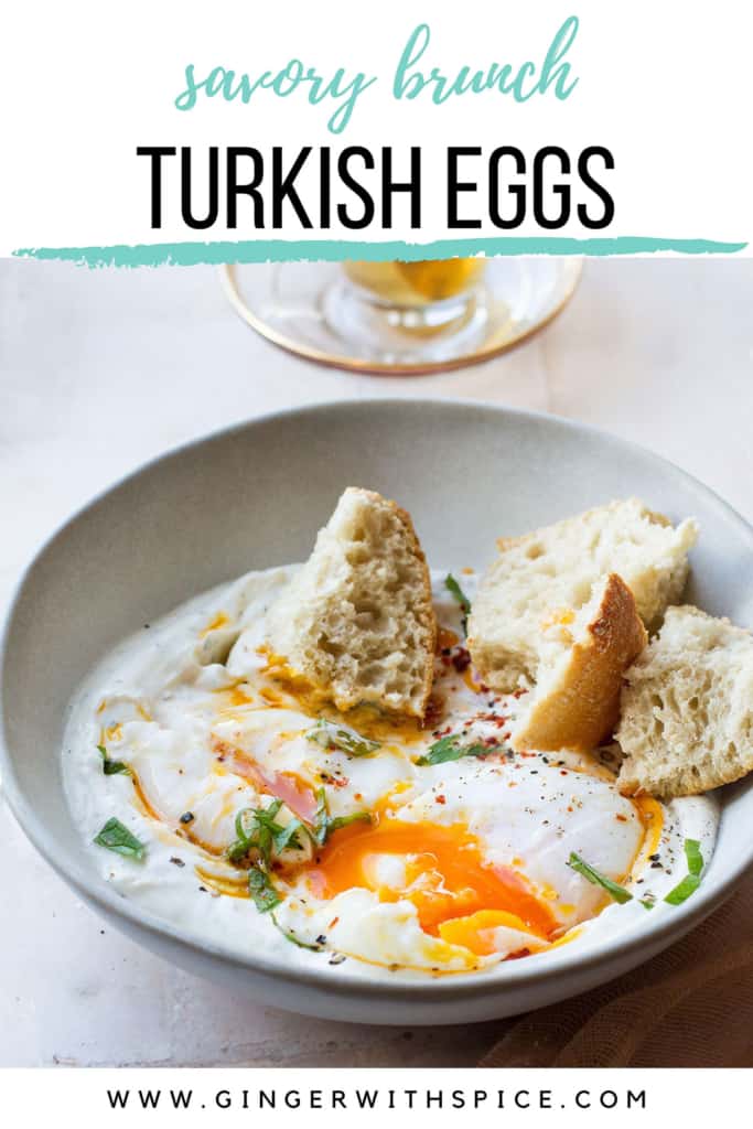 Cilbir Turkish eggs in a bowl, text overlay above. Pinterest pin.