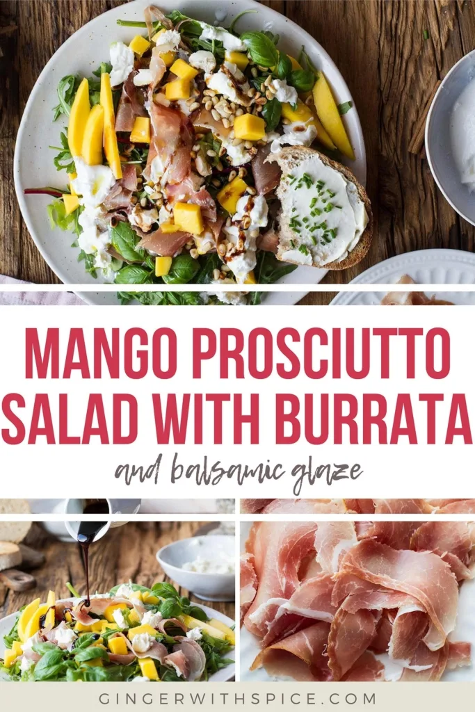 Three images from the post and red text overlay in the middle: Mango Prosciutto Salad with Burrata.