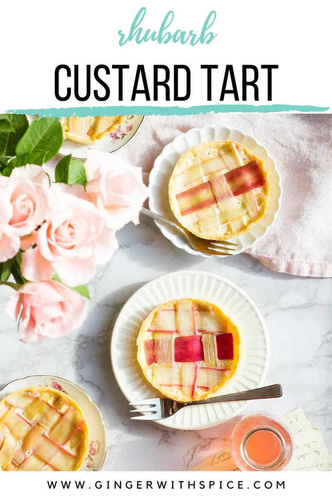 Rhubarb custard tarts seen from above, text overlay at the top. Pinterest pin.