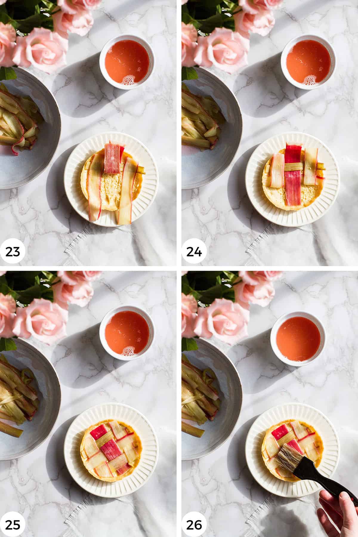 Steps to shape the rhubarb into a lattice pattern.