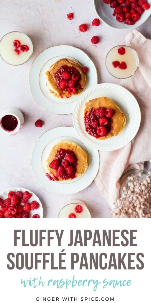Pinterest pin with three plates of Japanese pancakes and raspberry sauce.