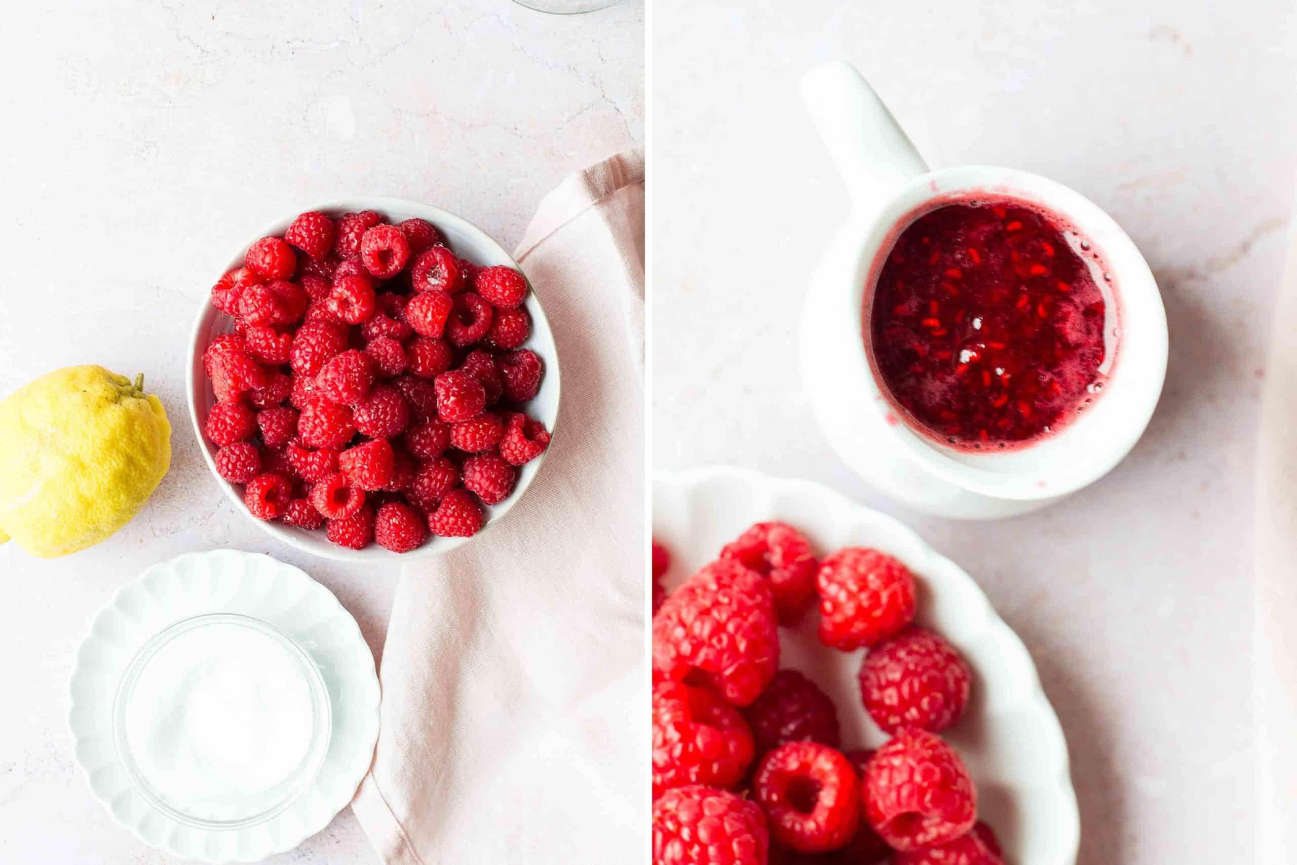 Diptych of raspberry sauce ingredients and the finished sauce.