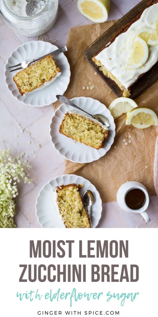 Pinterest pin with image of three slices of zucchini bread.