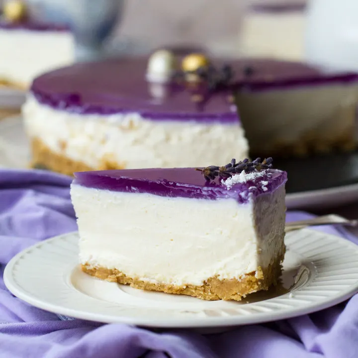 Slice of no-bake cheesecake, the whole cake in the background, blurred.