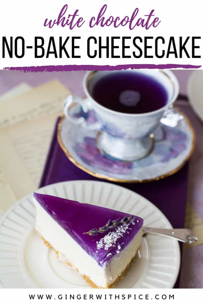 Slice of cheesecake with purple jelly lid on a vintage plate. Text overlay at the top, Pinterest pin.