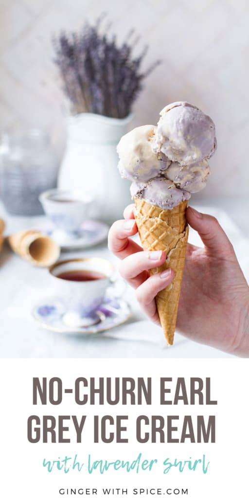 Pinterest pin with one image of a hand holding the ice cream and text at the bottom: No-Churn Earl Grey Ice Cream.