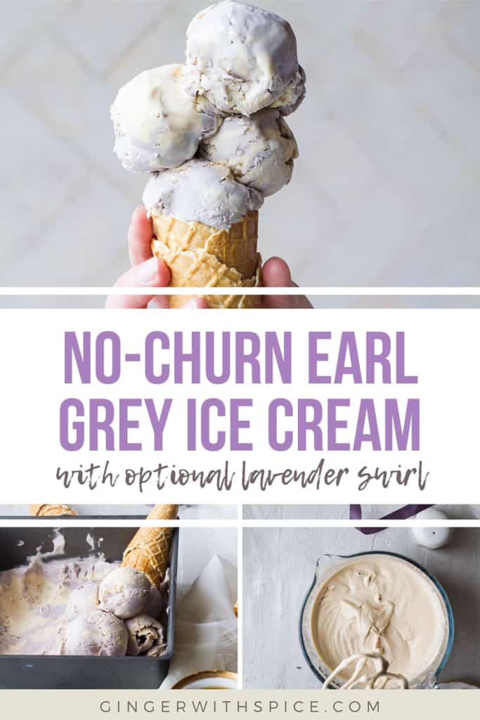 Three images from the post and purple text overlay in the middle: No-Churn Earl Grey Ice Cream.