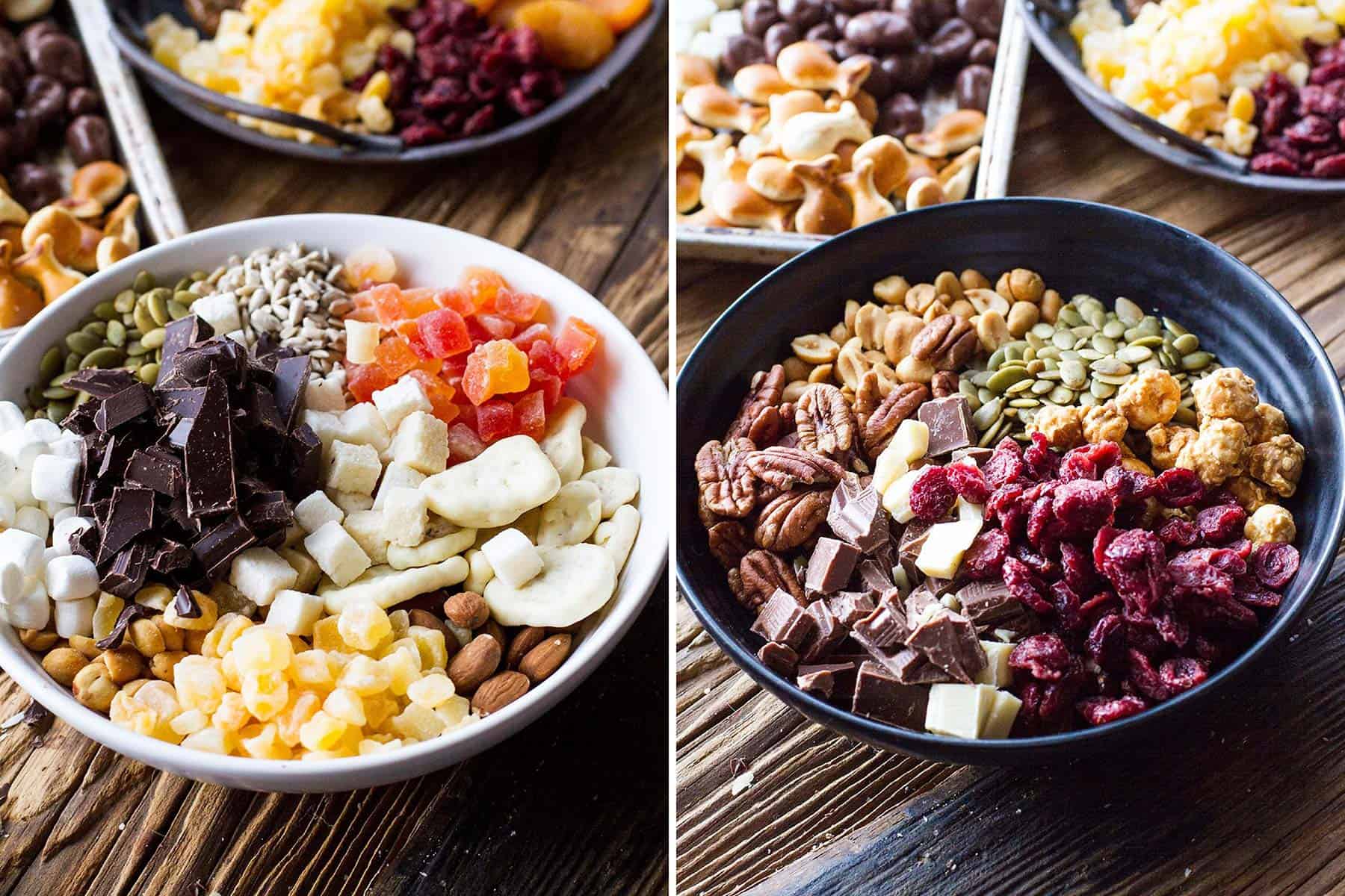 A diptych with summer trail mix and sweet fall trail mix.