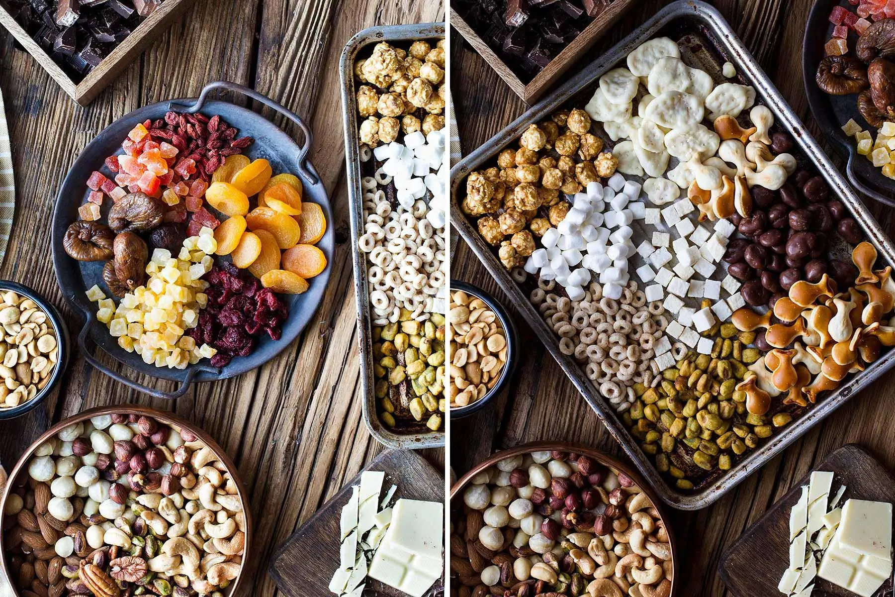 A diptych of the dried fruits and the unexpected elements.
