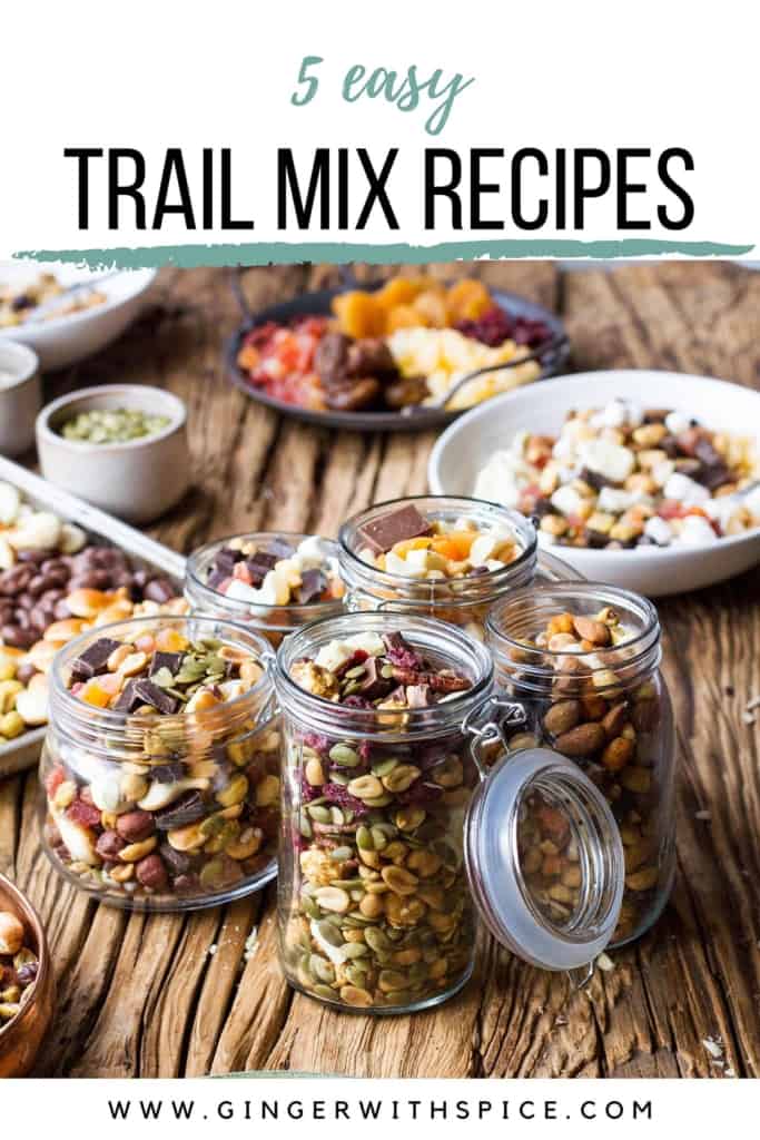 Pinterest pin with image of five trail mixes and text overlay at the top.