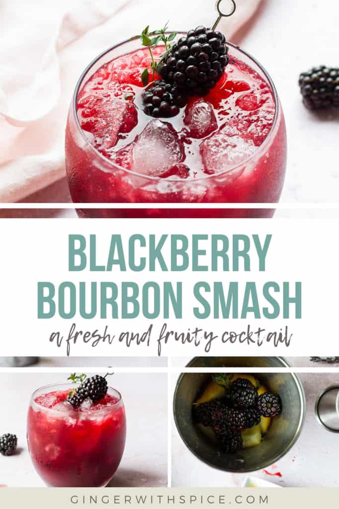 Three images from the post and turquoise text overlay in the middle: Blackberry Bourbon Smash.