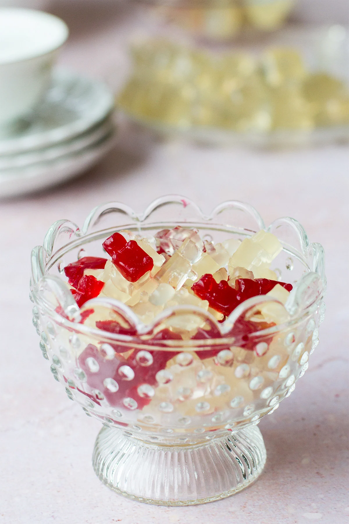 Glass bowl with gummy bears.