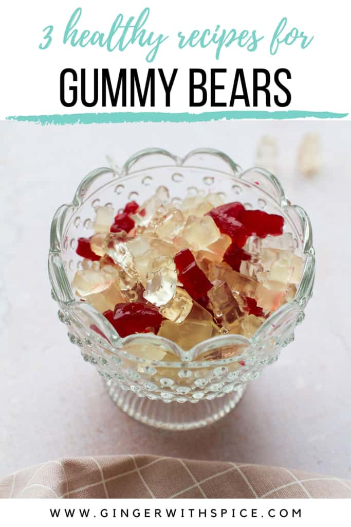 Pinterest pin with one image of gummy bears in a glass bowl and text at the top: healthy gummy bears.