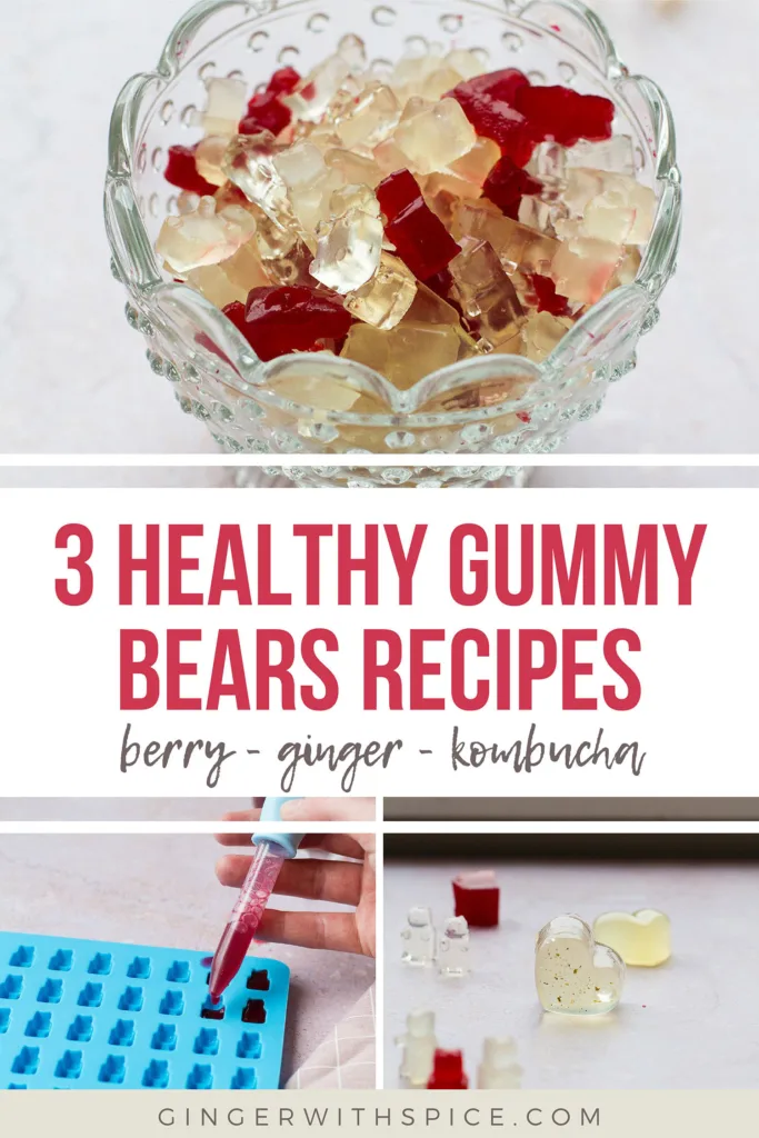 Pinterest pin with three images from the post and red text overlay in the middle: 3 healthy gummy bears recipes.