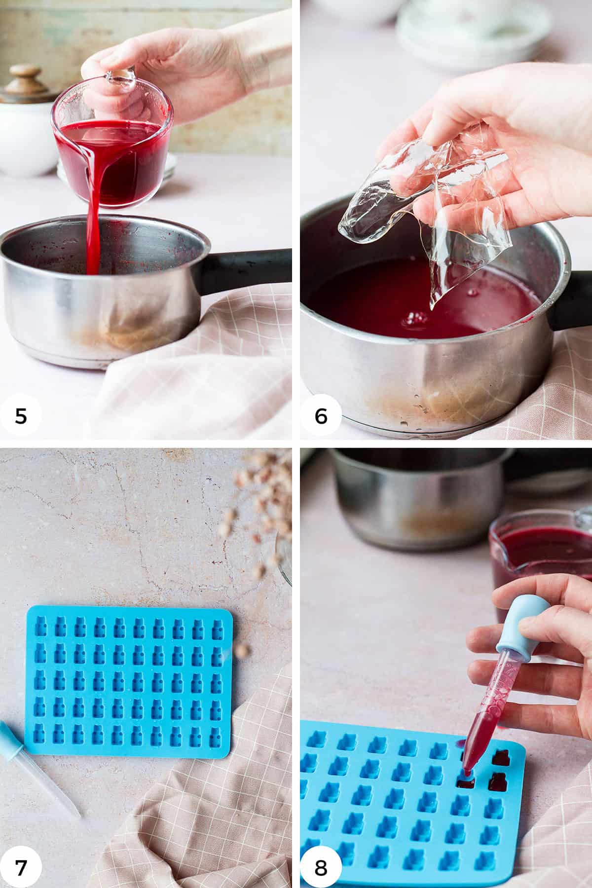 Steps to make the gummy bear mixture and how to fill the molds.